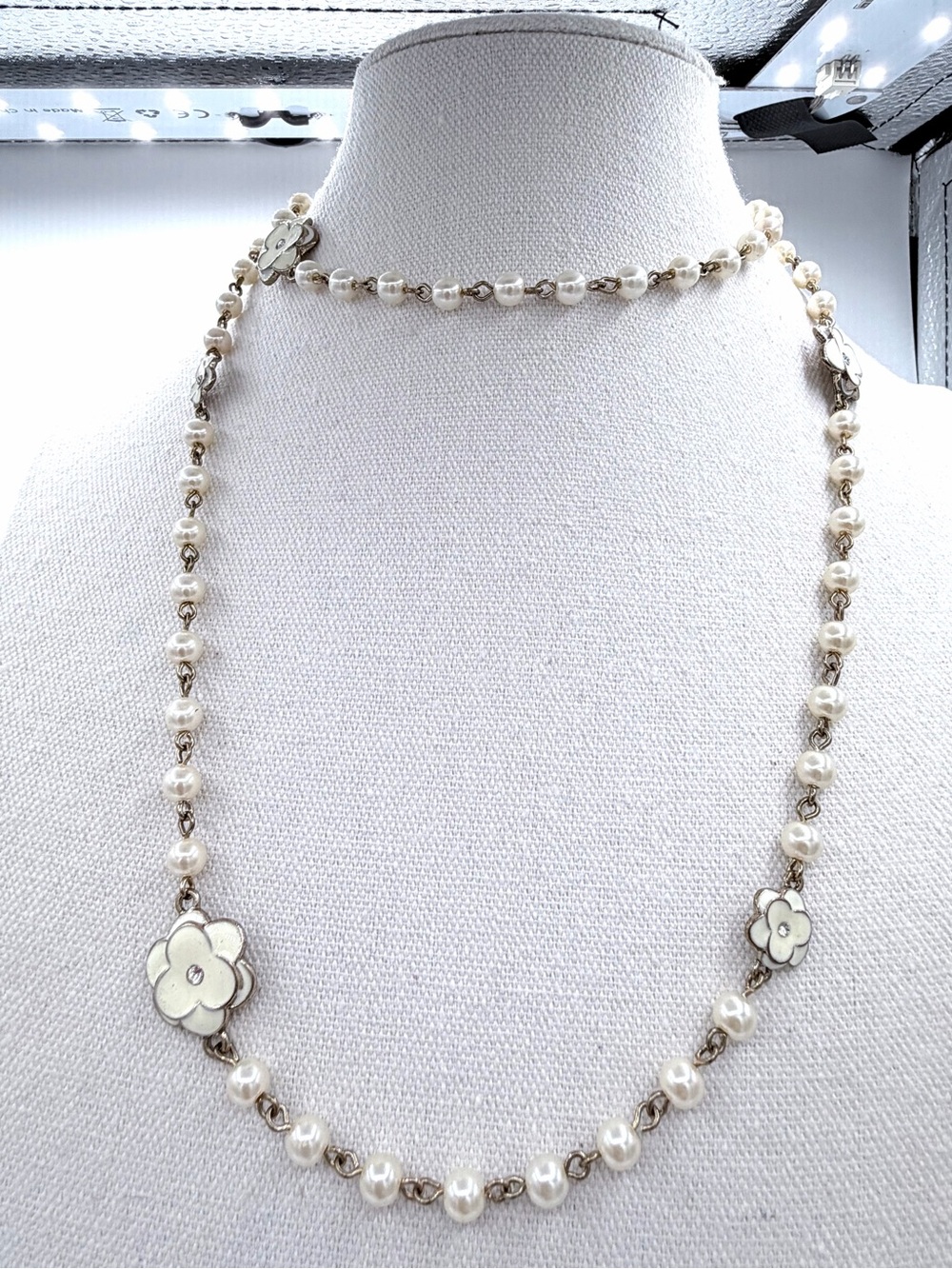 Long Pearl Station Necklace Enamel Flowers Similar to Popular Chanel Necklace!